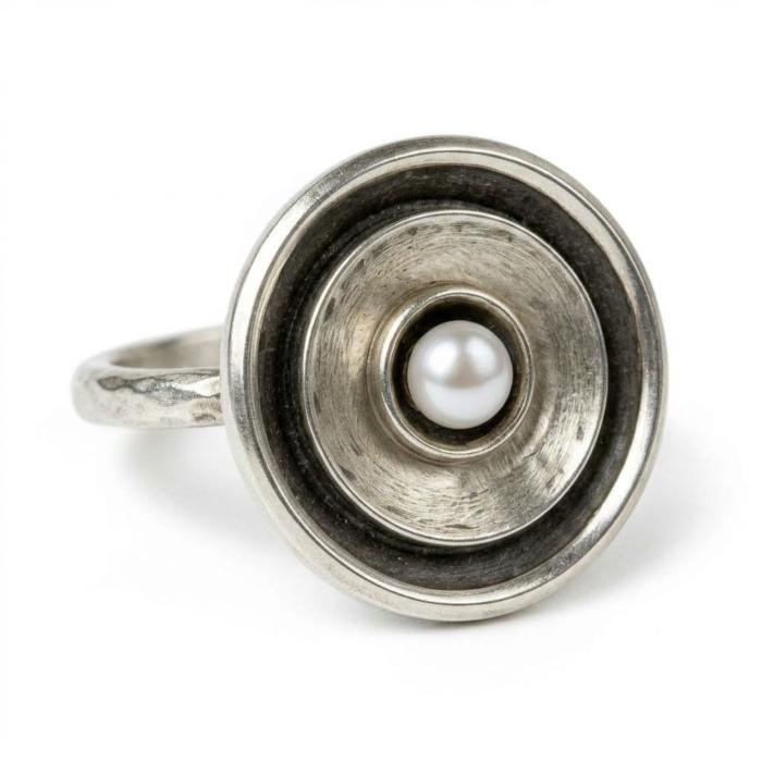 Preview: Silberring mit Perle – Handgefertigter Damenring aus 925er Silber mit oxidierter Schale